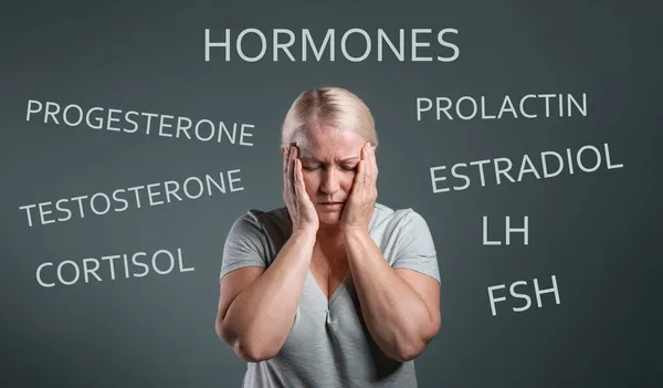 Hormones Imbalance Upset Mature Woman Different Words Grey Background — Stock Photo, Image