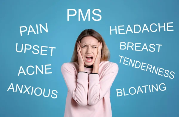 Hormones Imbalance Stressed Young Woman Different Words Light Blue Background — Stock Photo, Image