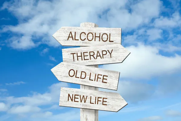 Alcohol Addiction What Choose Therapy Life Bad Habit Wooden Signpost — Stock Photo, Image