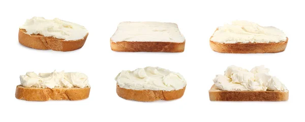 Brot Mit Frischkäse Auf Weißem Hintergrund Collage Banner Design — Stockfoto