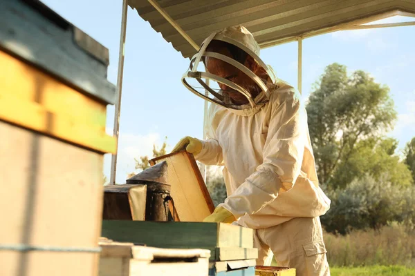 Bijenhouder Uniform Met Honinglijst Bij Bijenstal — Stockfoto