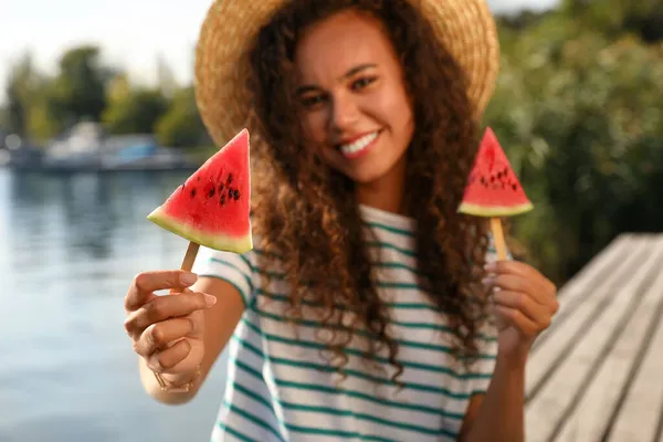 Beautiful Young African American Woman Pieces Watermelon River Focus Hand — Stock Photo, Image