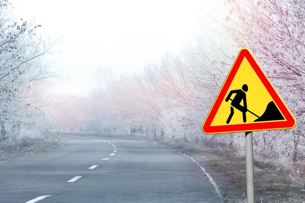 Traffic Sign Road Works Empty Highway Winter Day — Stock Photo, Image