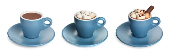 Комплект Чашками Вкусного Горячего Шоколада Белом Фоне Баннерный Дизайн — стоковое фото