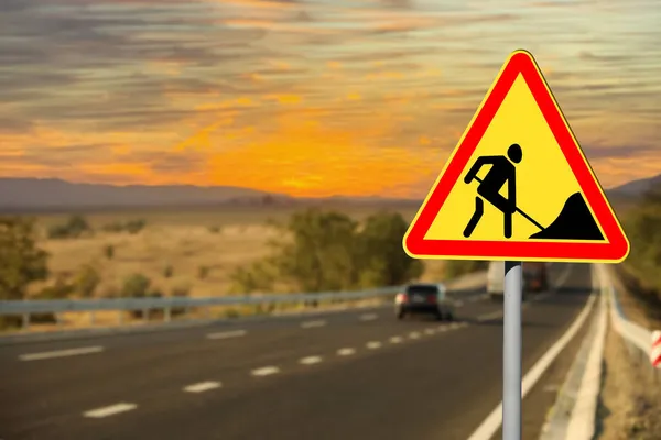 Traffic Sign Road Works Highway Sunset — Stock Photo, Image