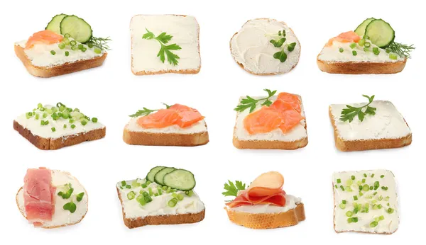Ψωμί Τυρί Κρέμα Και Γαρνιτούρες Λευκό Φόντο Κολάζ — Φωτογραφία Αρχείου
