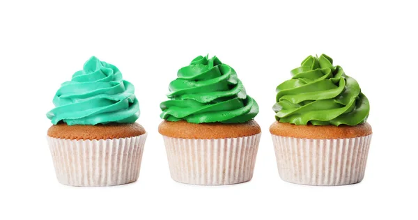 Diferentes Deliciosos Cupcakes Coloridos Fundo Branco — Fotografia de Stock