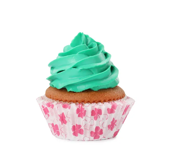 Delicious Cupcake Turquoise Cream Isolated White — Stock Photo, Image
