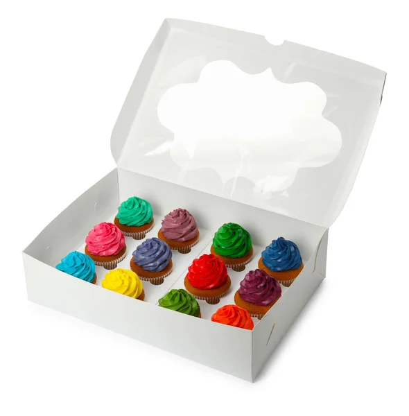 Caja Con Diferentes Cupcakes Sobre Fondo Blanco — Foto de Stock
