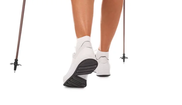 Woman Wearing Stylish Shoes Trekking Poles White Background Closeup — Stock Photo, Image