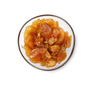 Lezzetli elma reçeli beyaz kasede izole, üst manzara