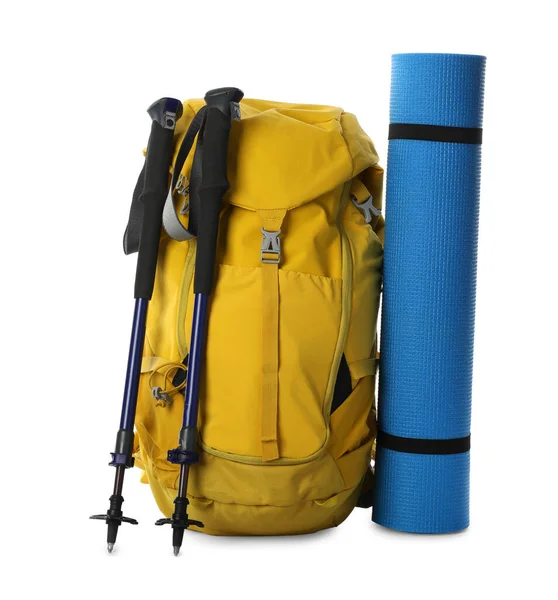 Trekking Poles Backpack Camping Mat White Background — Stock Photo, Image
