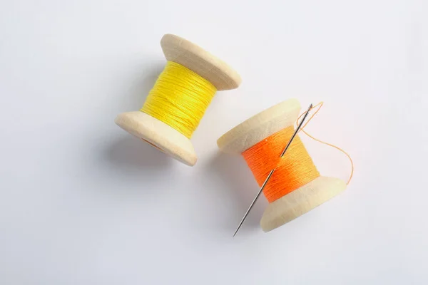 Colorful Sewing Threads Needle White Background Top View — Stock Photo, Image