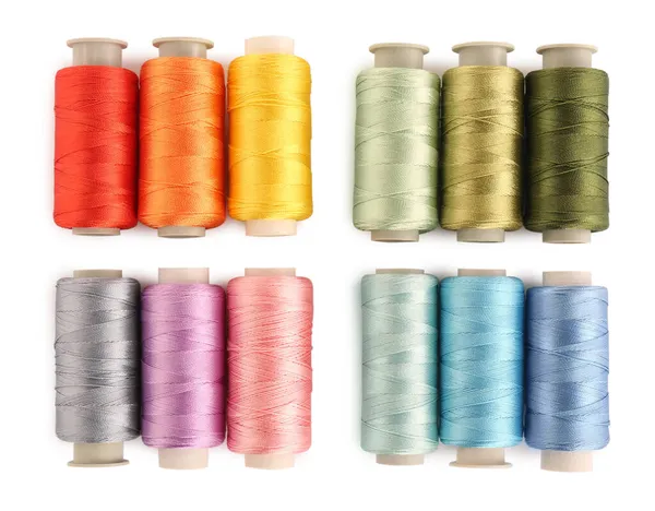 Set Colorful Sewing Threads White Background Top View — Stock Photo, Image