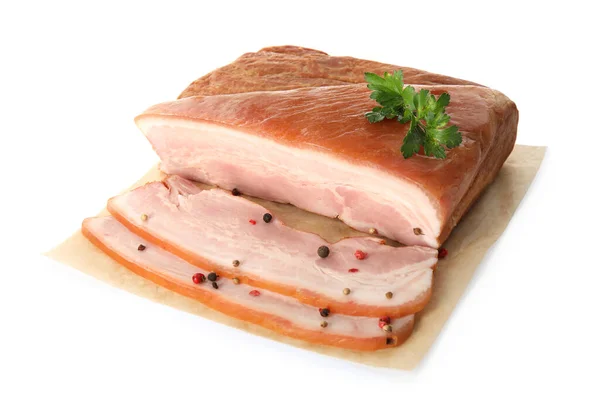 Délicieux Bacon Fumé Persil Poivre Sur Fond Blanc — Photo
