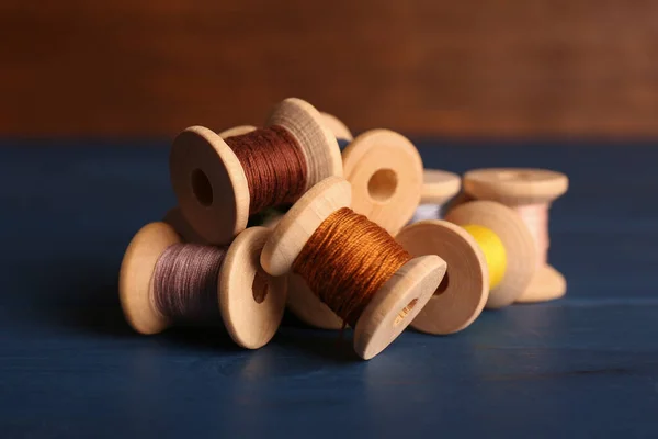 Set Color Sewing Threads Blue Wooden Table Closeup — Stock Photo, Image