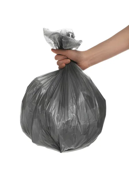 Mulher Segurando Saco Lixo Cheio Lixo Fundo Branco Close — Fotografia de Stock
