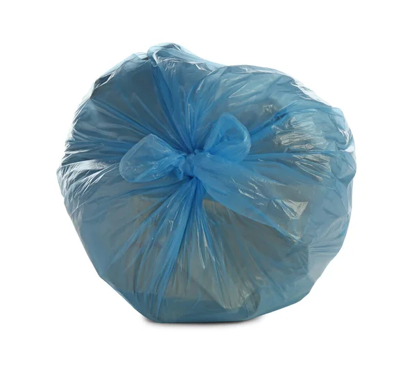 Çöplerle Dolu Mavi Çöp Torbası Beyazda Izole Edilmiş — Stok fotoğraf