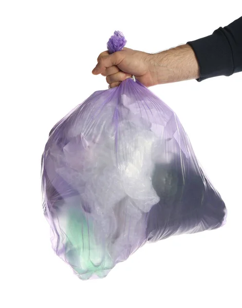 Man Holding Trash Bag Filled Garbage White Background Closeup — Stock Photo, Image