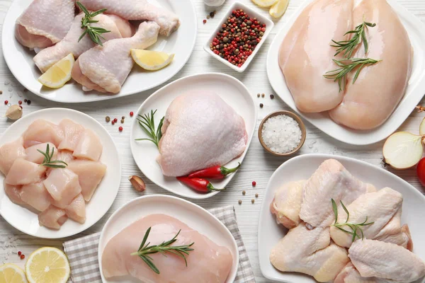 Flat Lay Composition Fresh Raw Chicken Meat White Wooden Table — Stock Photo, Image