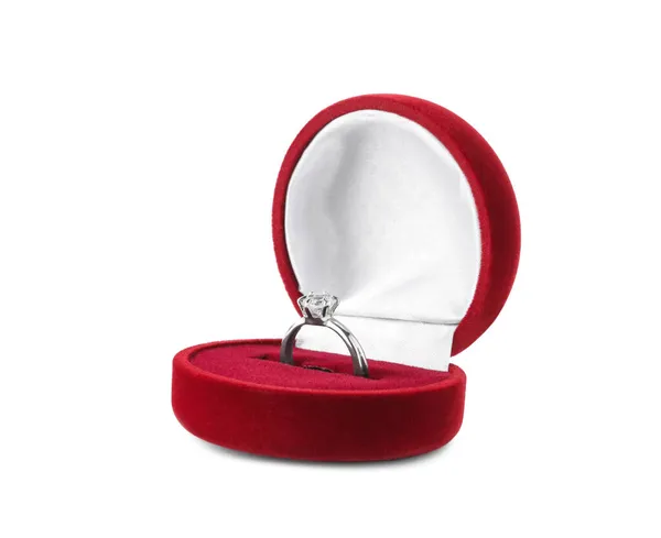 Beautiful Engagement Ring Gemstone Box Isolated White — Stock Photo, Image