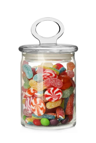 Many Different Candies Glass Jar Isolated White — Stock Photo, Image