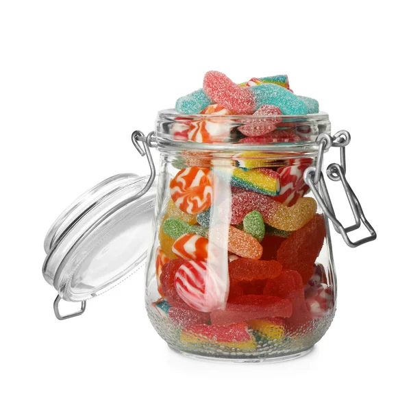 Veel Verschillende Snoepjes Glazen Pot Geïsoleerd Wit — Stockfoto
