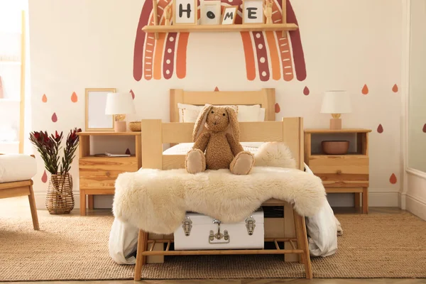 Interior Del Dormitorio Chica Moderna Con Muebles Elegantes Idea Para — Foto de Stock