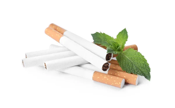 Menthol Cigarettes Fresh Mint Leaves White Background — Stock Photo, Image