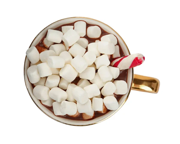 Copa Delicioso Chocolate Caliente Con Malvaviscos Bastón Caramelo Aislado Blanco — Foto de Stock