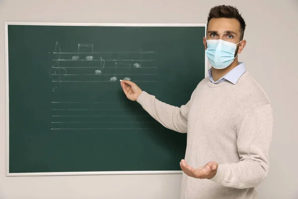 Teacher Wearing Protective Mask Green Chalkboard Music Notes Classroom — Stock Photo, Image