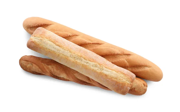 Різні Смачні Багети Білому Тлі Вид Зверху Свіжий Хліб — стокове фото