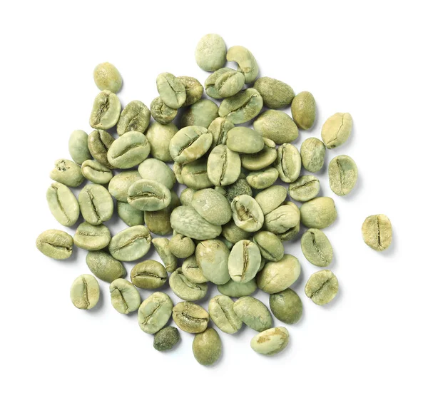 Stapel Groene Koffiebonen Witte Achtergrond Bovenaanzicht — Stockfoto