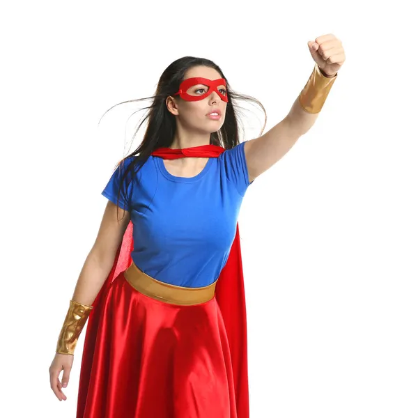 身穿白底超级英雄服装的自信的年轻女子 — 图库照片