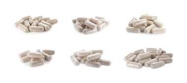 Beyaz arka planda şeffaf jelatin kapsüller, kolaj. Pankart tasarımı 