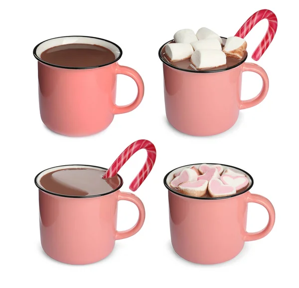 Conjunto Com Xícaras Chocolate Quente Delicioso Fundo Branco — Fotografia de Stock