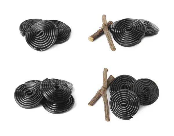 Conjunto Com Saborosos Doces Alcaçuz Preto Fundo Branco — Fotografia de Stock