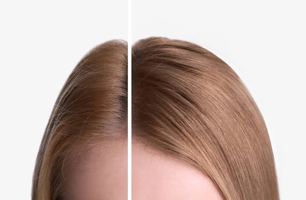Detailní Pohled Mladou Ženu Před Barvení Vlasů Světlém Pozadí Koláž — Stock fotografie