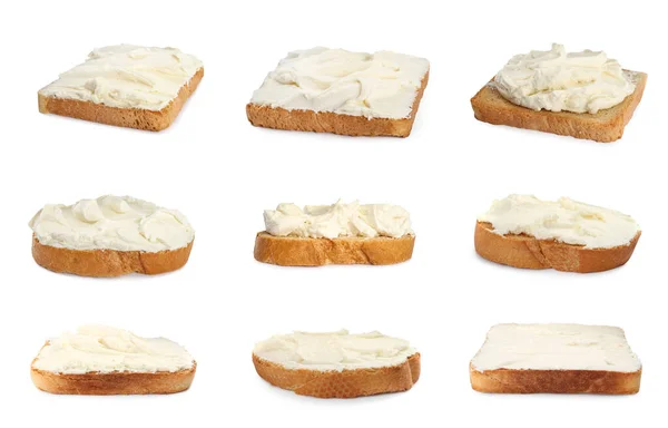 Pane Con Crema Formaggio Sfondo Bianco Collage — Foto Stock