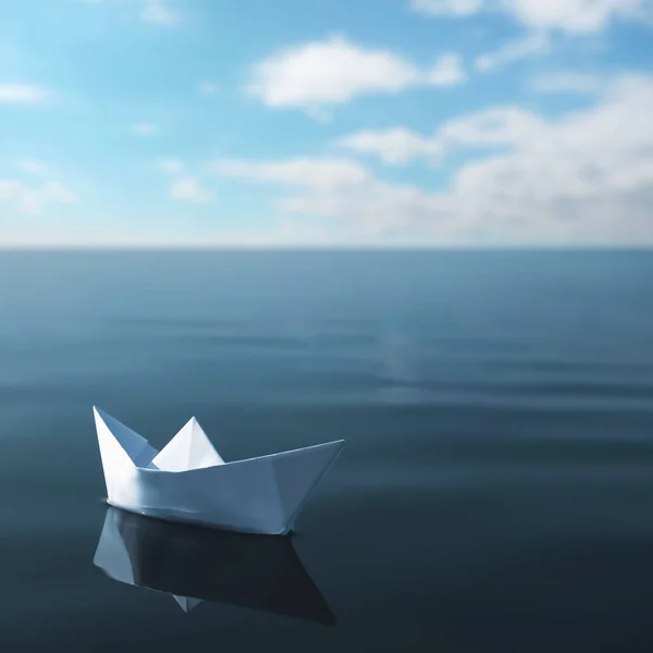 Witte Papieren Boot Drijvend Kalme Zee — Stockfoto