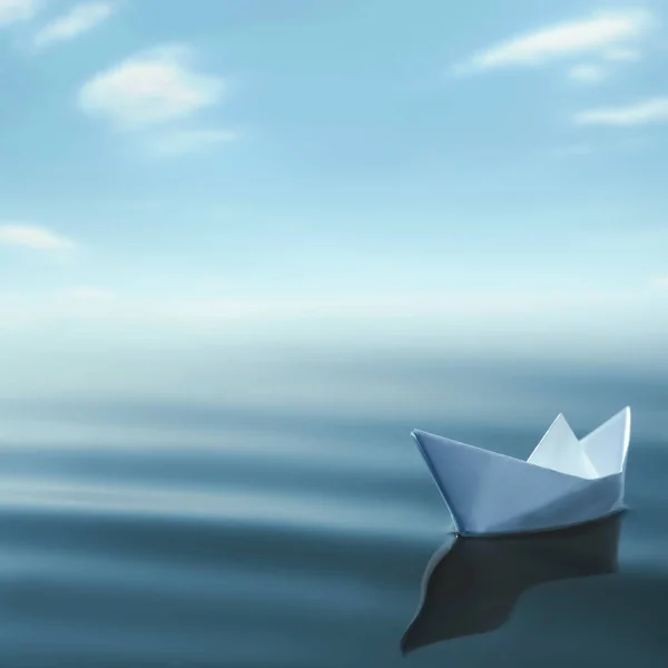 White Paper Boat Floating Calm Sea Space Text Stock Photo