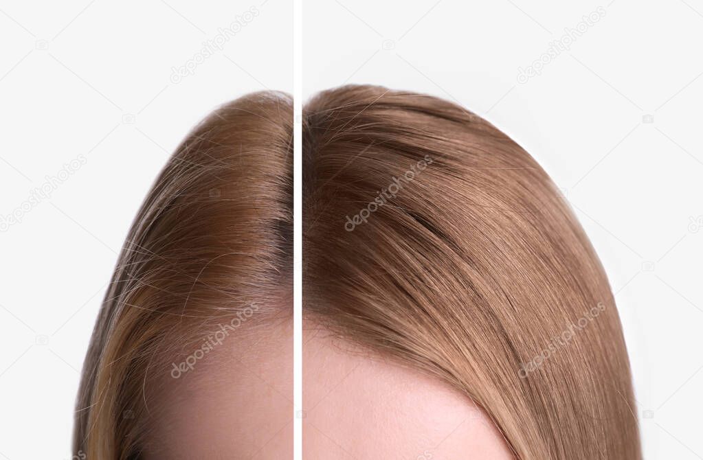 Closeup view of young woman before and after hair dyeing on light background, collage