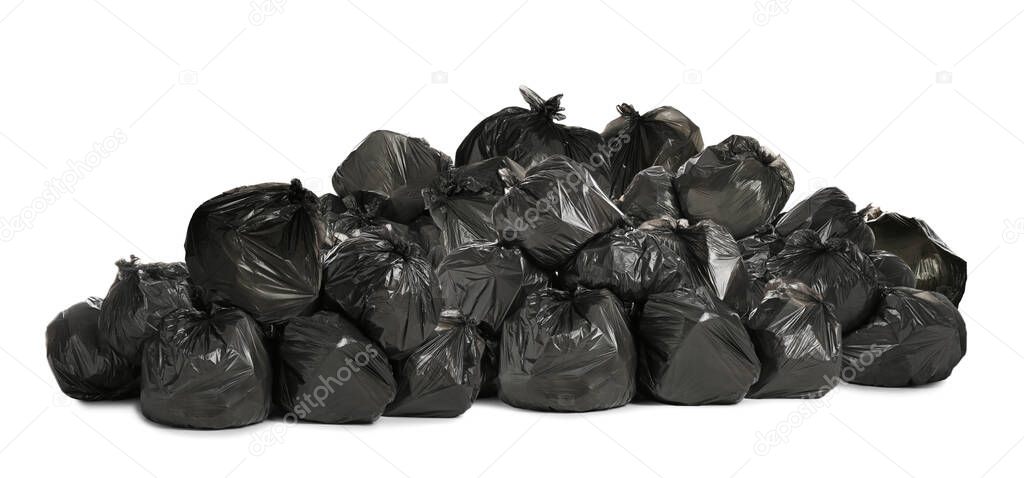 Big heap of trash bags with garbage on white background