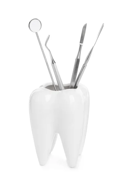 Tandformad Hållare Med Dentala Verktyg Vit Bakgrund — Stockfoto