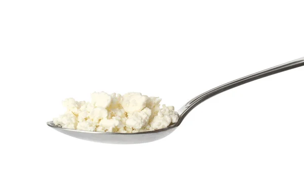Delicious Fresh Cottage Cheese Spoon Isolated White — Stock Photo, Image