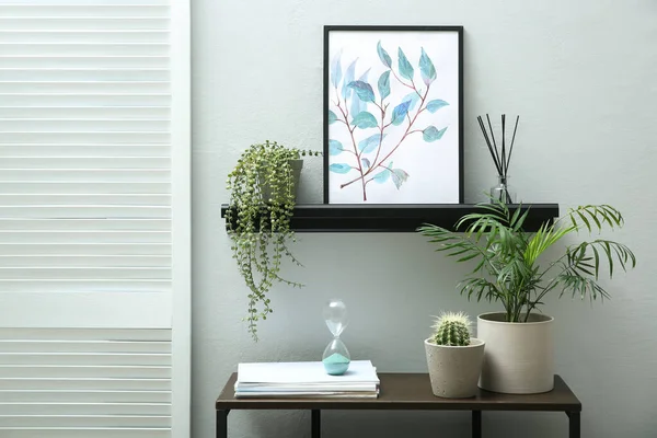 Schöne Topfpflanzen Und Verschiedene Accessoires Der Nähe Grauer Wände Drinnen — Stockfoto