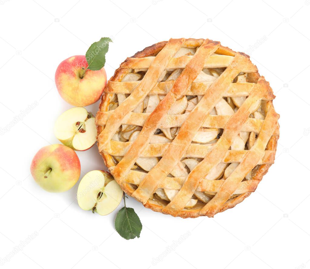 Delicious traditional apple pie and fresh fruits on white background, top view