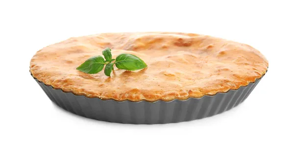 Délicieuse Tarte Viande Basilic Isolé Sur Blanc — Photo