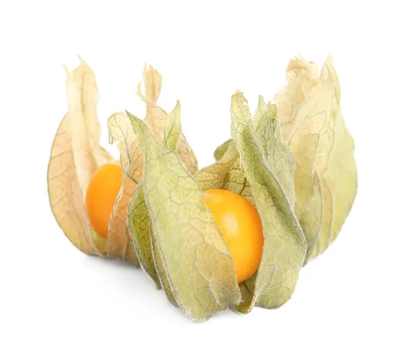 Frutas Maduras Physalis Con Cáscara Seca Sobre Fondo Blanco — Foto de Stock