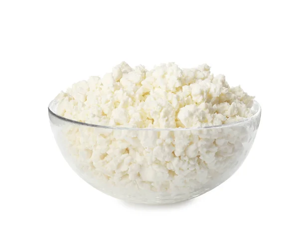 Delicious Fresh Cottage Cheese Bowl Isolated White — Stock Photo, Image